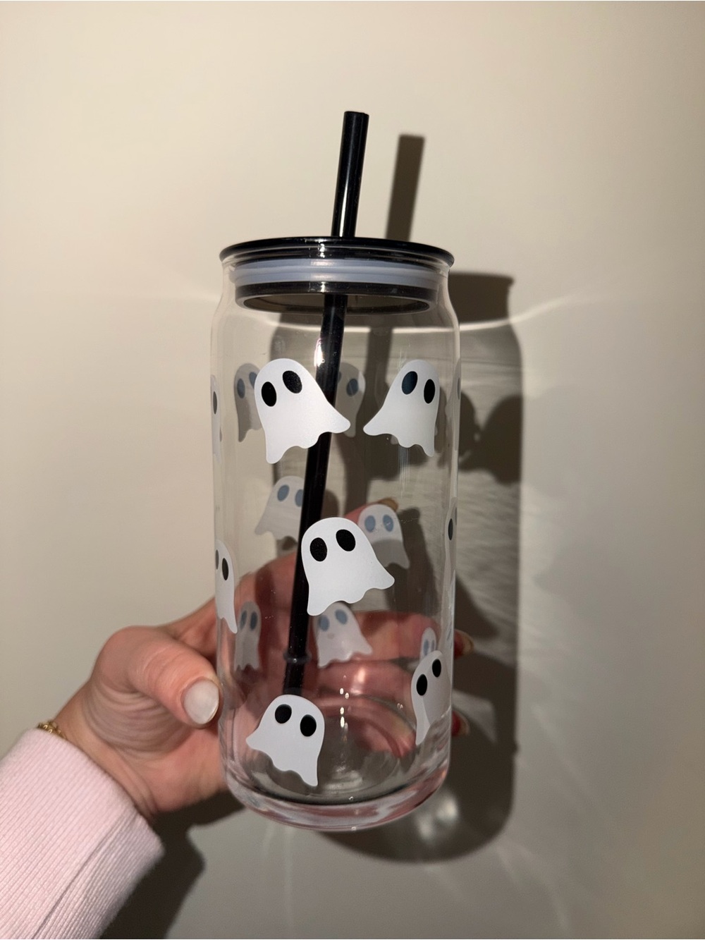 Ghost Print Clear Tumbler with Straw - White & Black